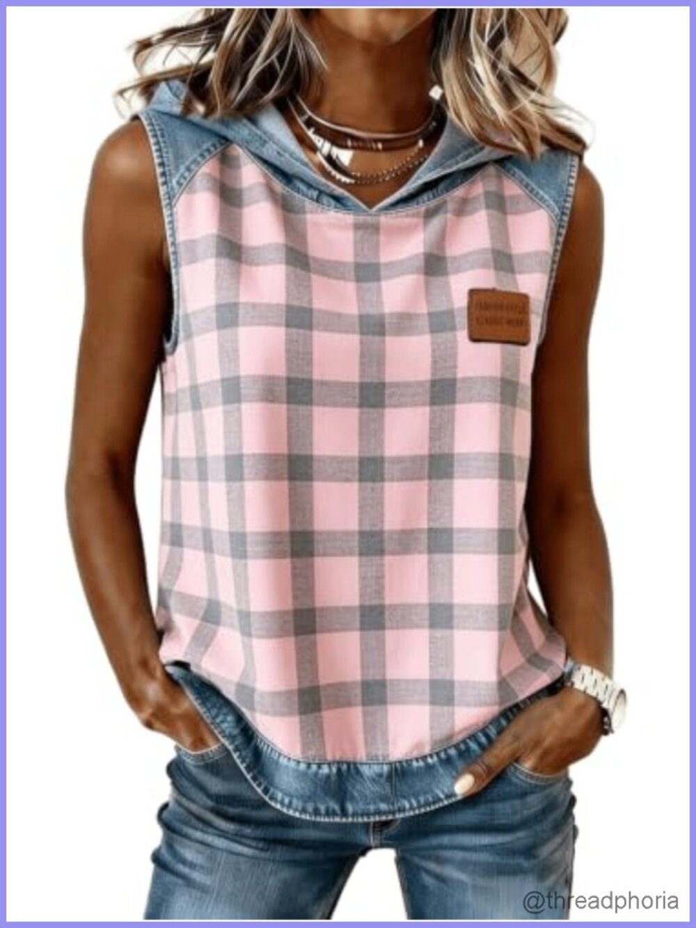 Women's Sleeveless Patchwork Denim Contrast Hoodie Tank Top Casual Loose